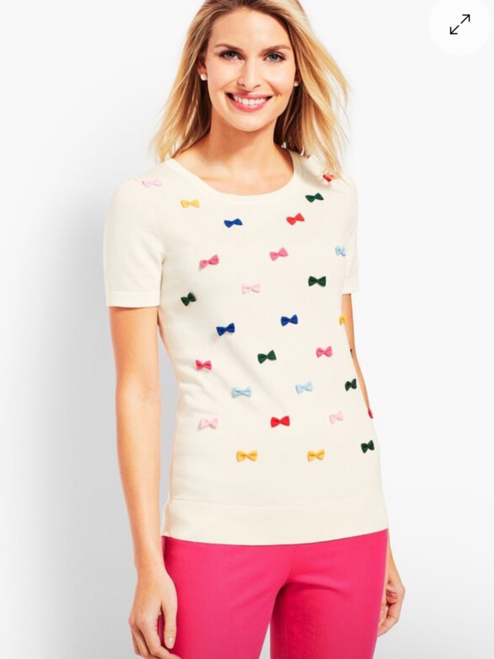 Talbots Cream Short-Sleeve Sweater T-Shirt with Multicolor Bow Appliqués